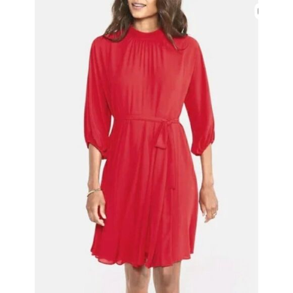 ❤️ Ann Taylor NWT Mock Neck A-Line Pleated Dress • Red • Size L • Holiday Party - Picture 2 of 9